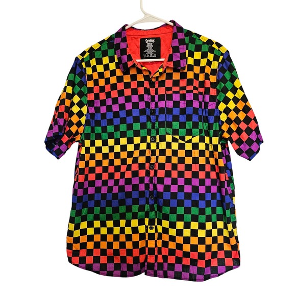 Spencer's Novelty Rainbow Checkerboard Button Up Short Sleeve Shirt LGBTQ+ Pride - Picture 1 of 5